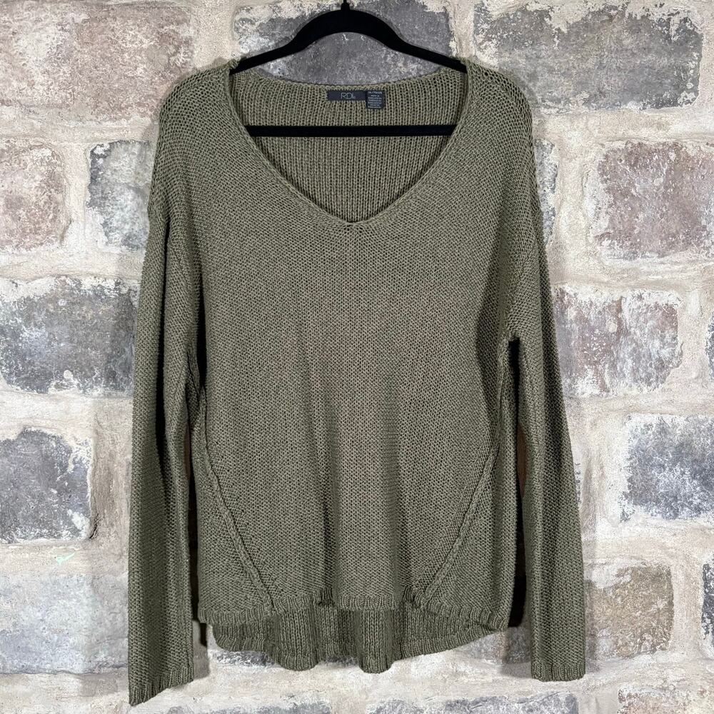 RDI‎ Sweater Womens Extra Large Green Brown V Neck Elbow Pads